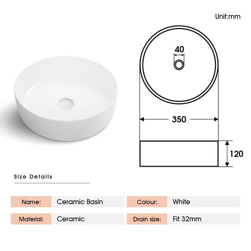 White Ceramic Hand Wash Basin Bathroom Vanity Sink Above Counter Top Round Bowl - Picture 7 of 7