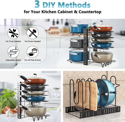 Adjustable 8 Tier Pots and Pans Organizer Rack Pots Holder for Kitchen Cabinet - Picture 5 of 12