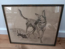 Original Vintage Dog Art Pencil Sketch Drawing Framed And Signed  - O. Lindstrom