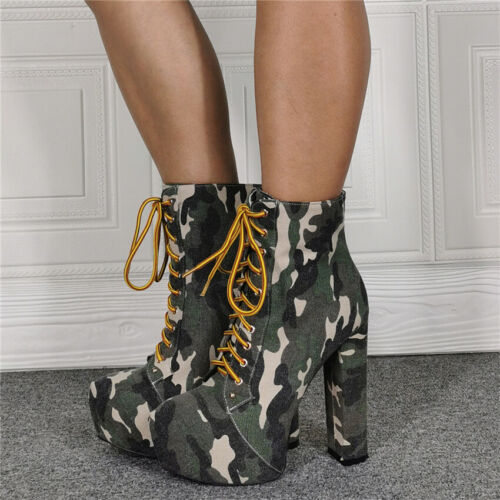 Damen-Stiefeletten Plateau Armeegrün Tarnschuhe hoher Absatz Damen Größe 4-20 - Bild 7 von 7