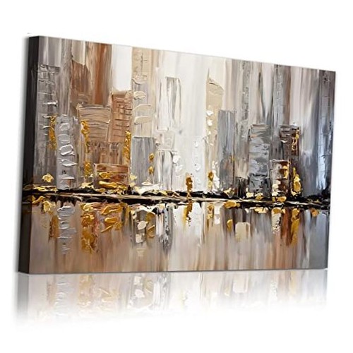 Grey Gold Pictures Modern Brown Canvas Wall 16L" x 24W" Brown Abstract Painting