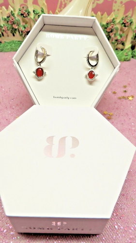 Bomb Party RBP3770 BURMESE RUBY JULY BIRTHSTONE DANGLE HOOP EARRINGS GIFT BOXED - Picture 6 of 8