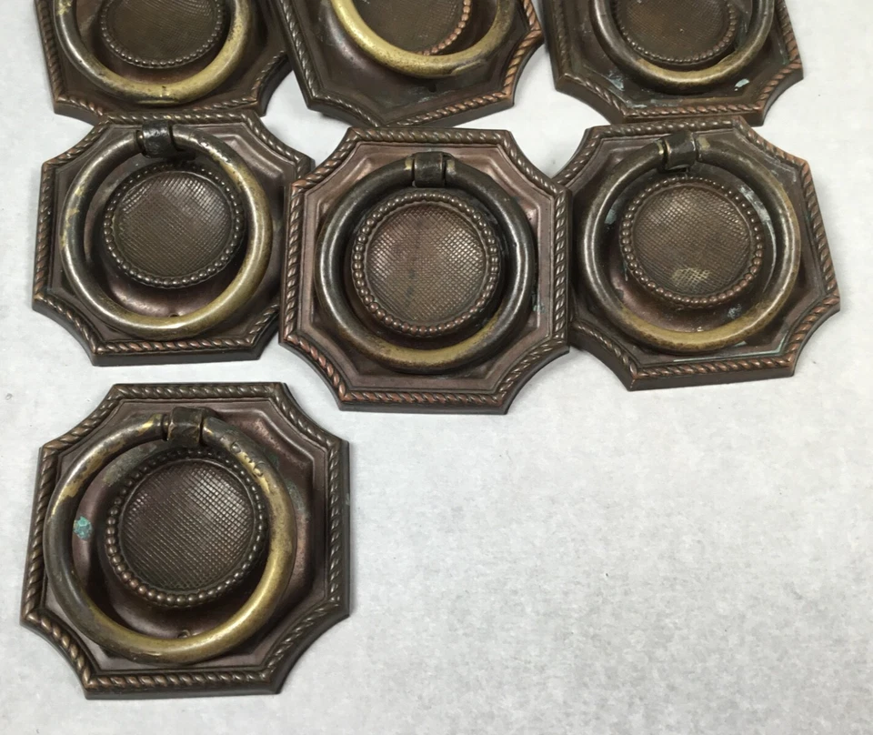 Vintage Brass/bronze Pull Ring drawer knobs brass square #268 - Image 3 of 4