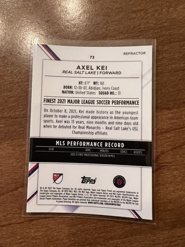 2022 Topps Finest MLS #73 Axel Kei RC Rookie Salt Lake City Refractor Card - Picture 2 of 2
