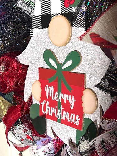 Corona de puerta de cinta de vacaciones hecha a mano Feliz Navidad Gnomo 22 ins W45 - Imagen 5 de 12