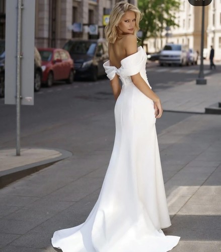 Simple Mermaid Wedding Dresses Off Shoulder Side Slit Satn Ruffled Bridal Gowns - Picture 5 of 10