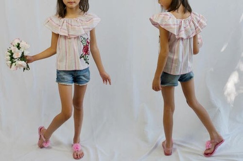 Pink Stripes Off Shoulder Cotton Blouse - Picture 3 of 7