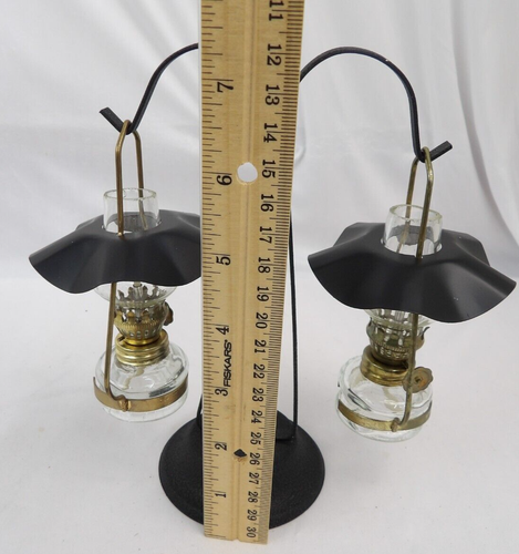 Pair Miniature Glass & Metal Oil Lamps w/ Hanger Stand Clear Mini Double Shade - Picture 10 of 10