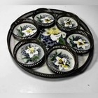 Floral Porcelain Painted Metal Trim Tray and Coasters Dish Set of 7