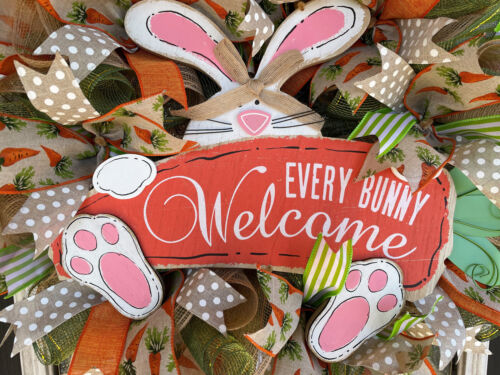 Super CUTE Welcome Every Bunny Carrot Polka Dot Easter Spring Front Door Wreath - Picture 4 of 7