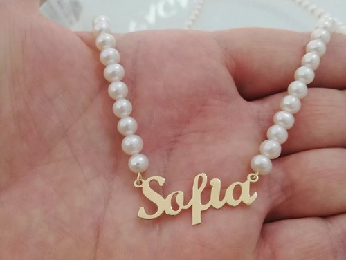Collana di perle 5 millimetri di acqua dolce con nome in oro 18 kt lunga 44 cm - Foto 2 di 12