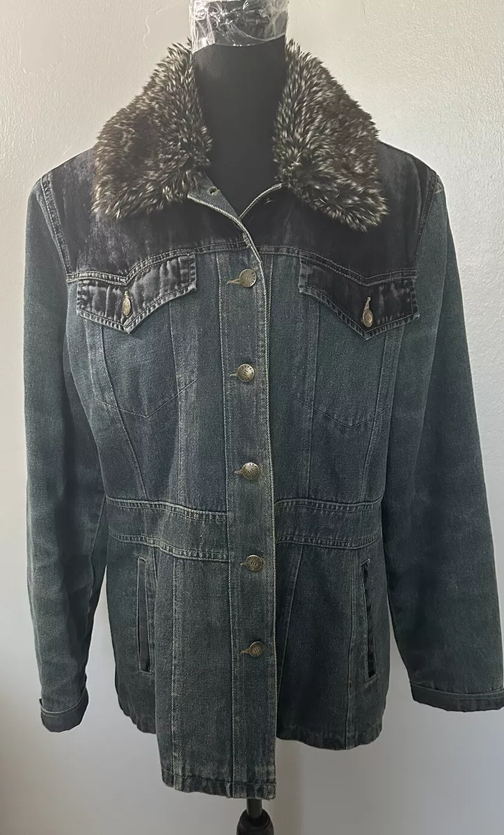 Vintage Esprit Dark Wash Blue Jean Jacket Faux Fur Collar Quilt