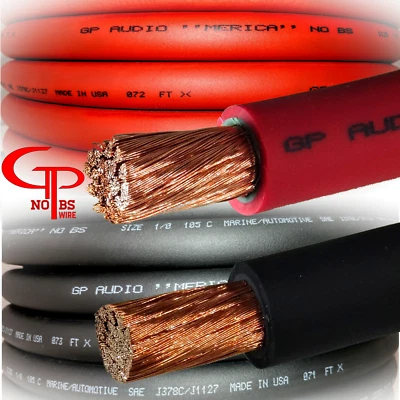 GP CAR AUDIO 20 ft TRUE AWG 1/0 Gauge OFC Power Wire 10 ft RED 10 ft BLACK Ground Car Audio