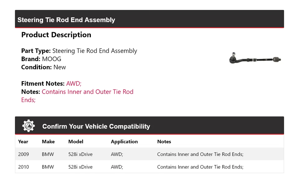 Conjunto de extremo de varilla de amarre de dirección AWD para BMW 528i xDrive 2009-2010 MOOG Foto 2 de 4