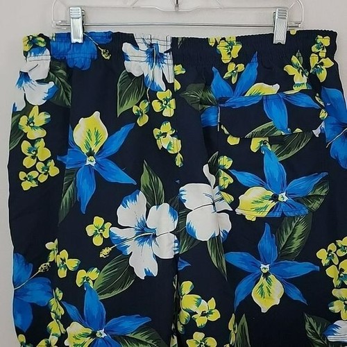 Faded Glory Blue, Yellow & White Floral Hawaiian Print Swim Trunks Shorts L - Picture 7 of 16