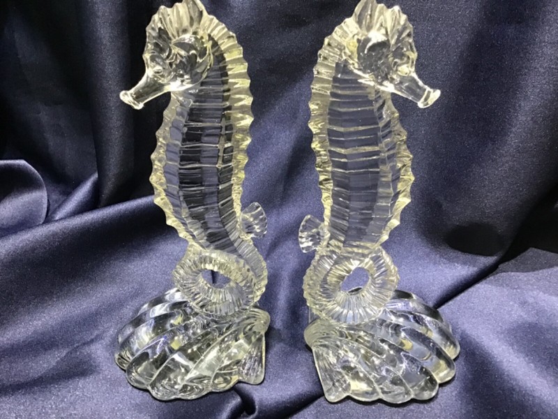 PADEN CITY CLEAR CRYSTAL SEAHORSE BOOKENDS pair COASTAL nautical SEA VTG 1930’s