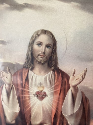 Vintage Sacred Heart of Jesus Christ Framed Print Wooden Frame 11.5" x 9.5" - Picture 3 of 10