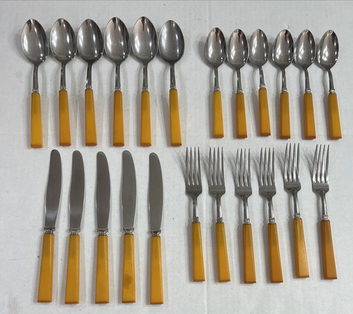 23-TEILIGES VINTAGE BUTTERSCOTCH BAKELIT GRIFF EDELSTAHL BESTECK Sta-brite Set 6