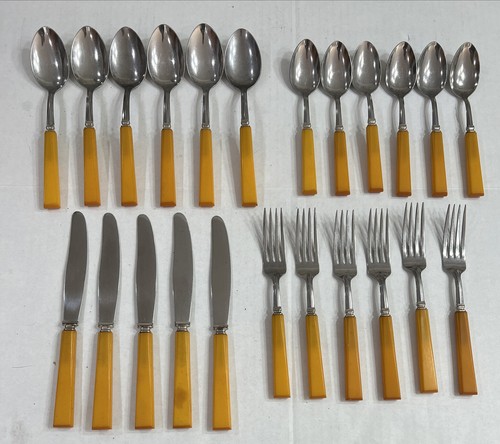 23 PCS VINTAGE BUTTERSCOTCH BAKELITE HANDLE STAINLESS FLATWARE Sta-brite Set 6 - Picture 1 of 5