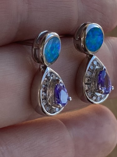 Amethyst and Blue Fire Opal Inlay Solid 925 Sterling Silver Dangle Post Earrings - Picture 5 of 12