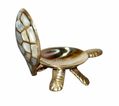 Tortoise Solid Brass Turtle Mother Pearl Lidded Hinge Ashtray Trinket - Picture 5 of 6