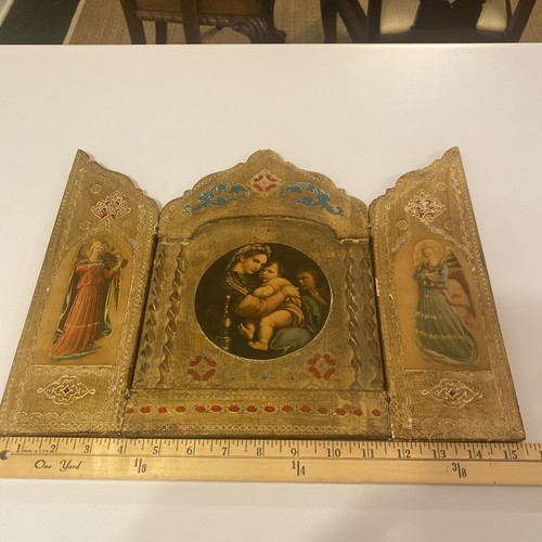VTG RELIGIOUS CHRISTIAN TRIPTYCH ITALIAN FLORENTINE Gilt W 15 1/2" X H 12" Large - Picture 8 of 24