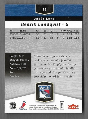 HENRIK LUNDQVIST 2006 FLAIR SHOWCASE !! CARD #65 - Picture 2 of 2