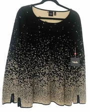 Rafaella Sweater MEDIUM Black Metallic Gold Gradient Pullover NWT $72 Notch Hem