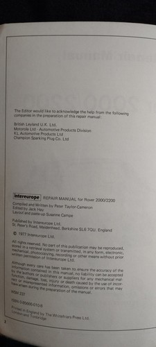 Rover 2000 - 2200 SC/TC & Automatic 1963-1976 Intereurope Car Repair Manual - Picture 3 of 4