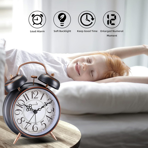 Loud Alarm for Deep Sleepers 4'' Retro Twin Bell Alarm Clock with Backlight for - Picture 2 of 12