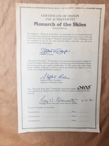 Monarch of the Skies 1st Ed of Annual Series Metal Engraving by Gunther Granget - Picture 24 of 24