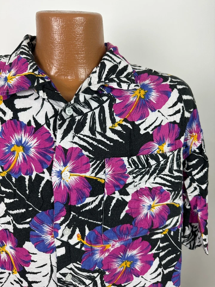 Camisa Hawaiana Vintage Años 80 Hombres XL Floral Hibisco Negro Rosa Surf Patín Rayón Foto 2 de 4