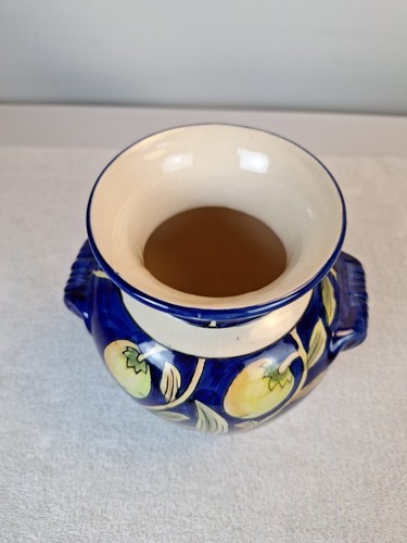 "Impresionante jarrón mayólica vintage pintado a mano azul cobalto rama oliva limones 8,5""" - Imagen 2 de 10