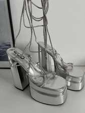 EGO silver party sandals square platform rhinestone lacing high heel dolls