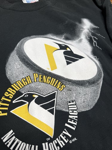 Vintage Pittsburgh Penguins 1990s Crewneck Sweatshirt 2XL Black Lightning 90s - Picture 3 of 5
