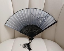Folding Hand Fan for Women - Black/Gray Foldable Chinese Bamboo Blend Silk Fan