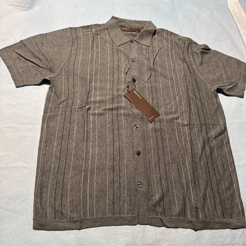 Perry Ellis Mens Ribbed Knit Short Sleeve Button-Up Shirt Iron Heather Gray Sz L - Picture 1 of 6