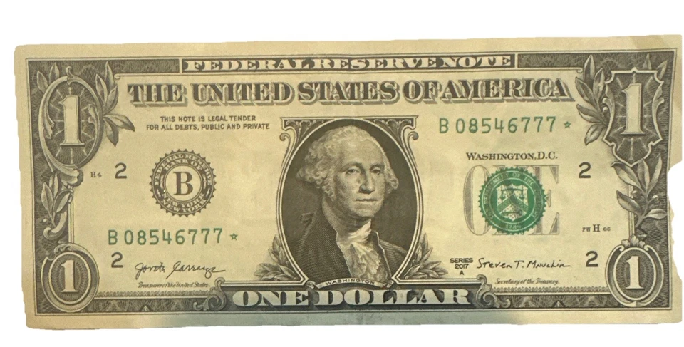 Billete de dólar 2017 billete estrella, error de corte mal cortado y número de serie bajo Foto 3 de 4