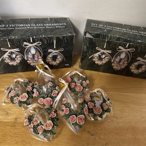 2 Sets Vintage Set Of 3 Victorian Rose & Glass Ornaments 6 Total Org Boxes - Picture 1 of 4