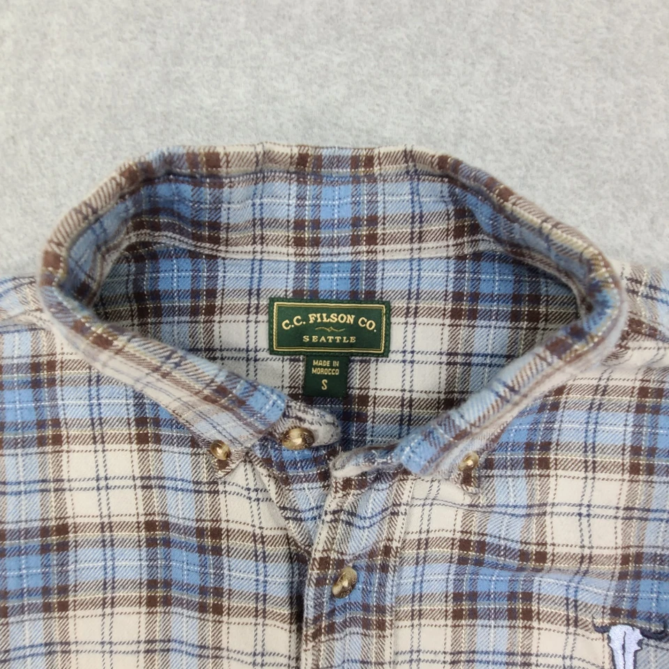 CC Filson Button Flannel Shirt Mens Small Blue Plaid LS Bull Embroidery Outdoor - Image 3 of 4