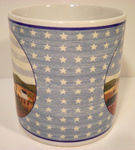 Vtg 1999 Warren Kimble Cup Mug America The Beautiful Sakura Flag Barn 12 OZ - Picture 2 of 7