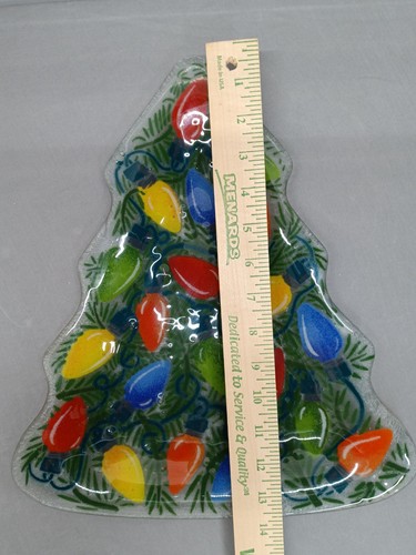 Peggy Karr Fused Glass Christmas Tree Shaped C-7 Bulbs 14" Plate Platter Signed - Picture 10 of 10