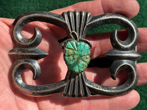 NAVAJO BELT BUCKLE SAND CAST STERLING SILVER GEM TURQUOISE 113 Grams or 4 oz. 4" - Picture 1 of 7