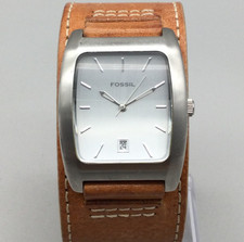 Fossil Watch Women JR-8151 32mm Silver Tone Date Cuff Leather Band New Battery