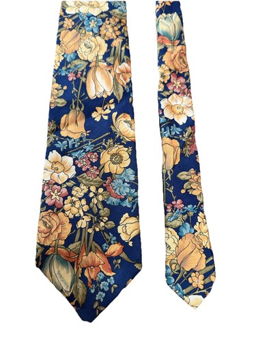 Hilditch & Key Tie Navy Blue Mens Silk Tie Multicoloured Floral Pattern Tie - Picture 3 of 4