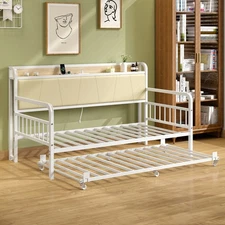 Vecelo Daybed Frame Metal Sofa Bed with Trundle and Charging Station for Bedroom
