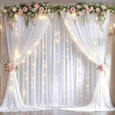 10x10ft White Backdrop Curtains with Lights String for Parties Wrinkle Free W...