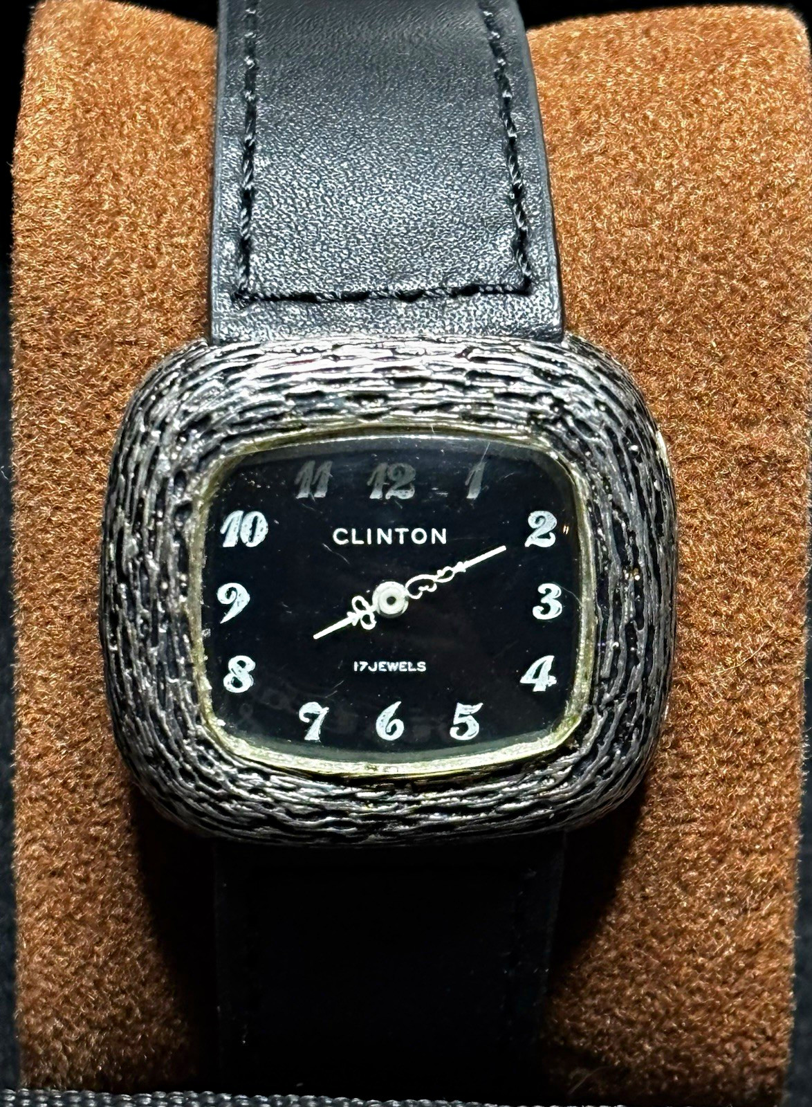 Clinton 17J Manual Wind Sterling Silver Cushion Case Black Dial 33.2mm