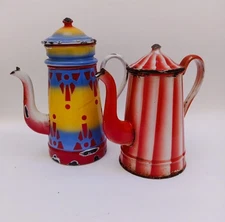 ♥ LOTTO 2 CAFFETTIERE VINTAGE LATTA METALLO SMALTATO HOME DECOR ANNI 50 FRANCE