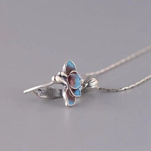 Collana con ciondolo loto smaltato chiusura minoranza cinese retrò donna gioielli - Foto 4 di 4